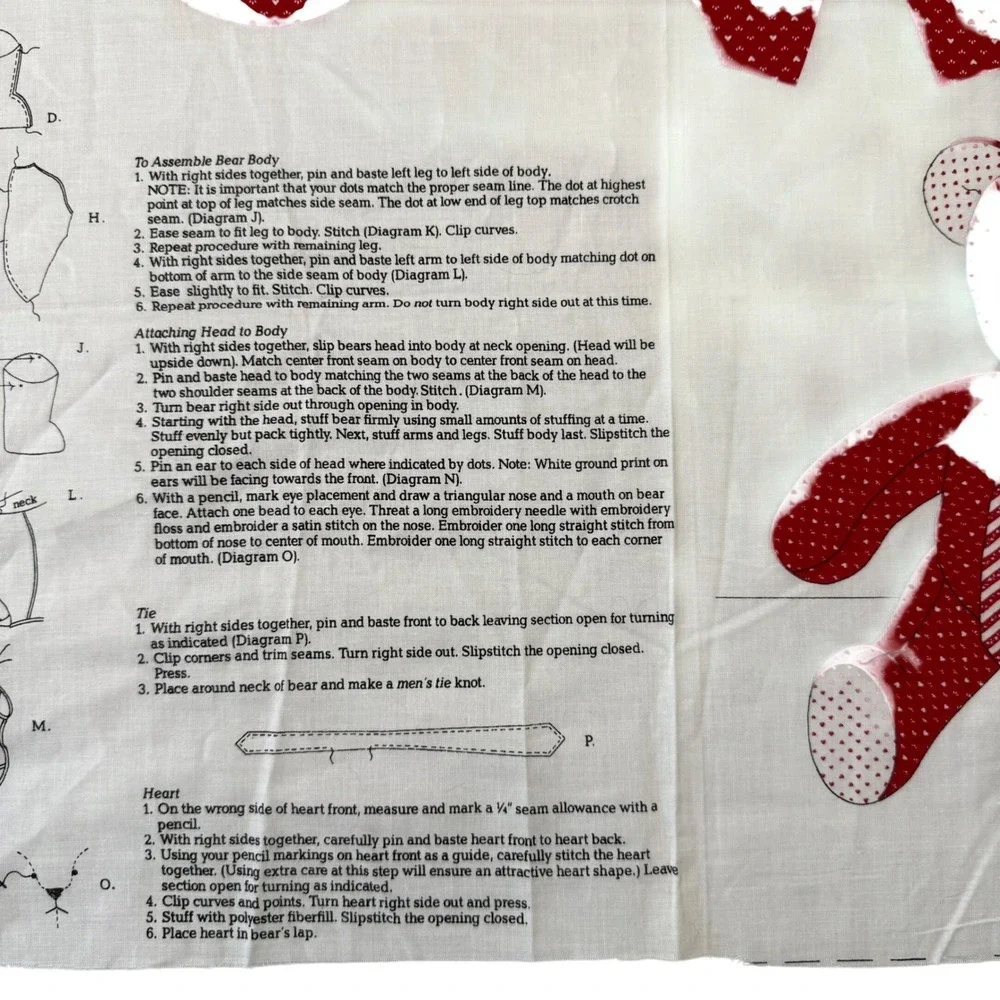 Vintage VIP Cranston Print Works Teddy Love Bear Fabric Panel DIY Sewing Kit Red